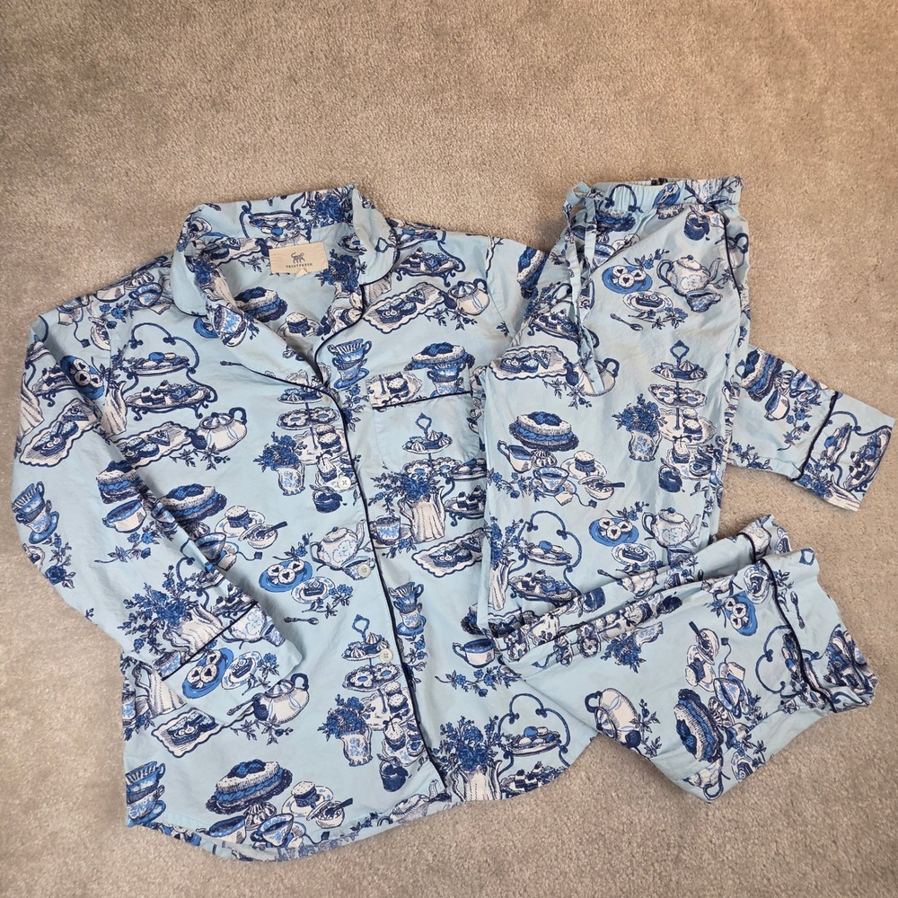 Printfresh Blue High Tea Organic Cotton Pajama Set Small Long Sleeve PJs
